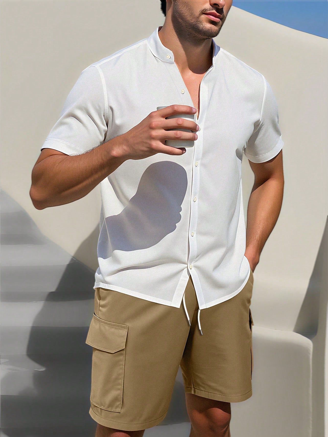 Camisa de Botão Masculina Gola Padre- Camisa Santorini